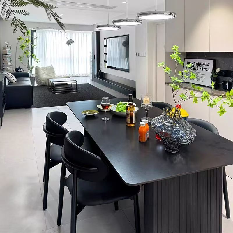 Modern minimalist sintered stone dining table with black dining chairs set - premium small apartment italian-style rectangular dining table for home and b&b