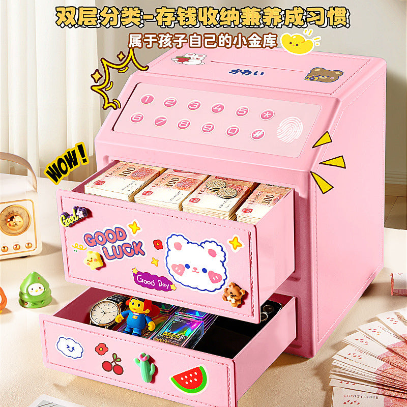 New trendy kids' double-layer piggy bank safe - deposit & withdrawal, password & fingerprint simulation, savings toy for boys & girls