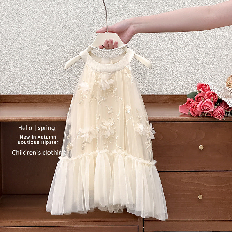 Girls' dress : stylish and ethereal princess dress with 3d floral yarn detail, halter neck fairy dress