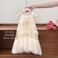 Girls' dress : stylish and ethereal princess dress with 3d floral yarn detail, halter neck fairy dress