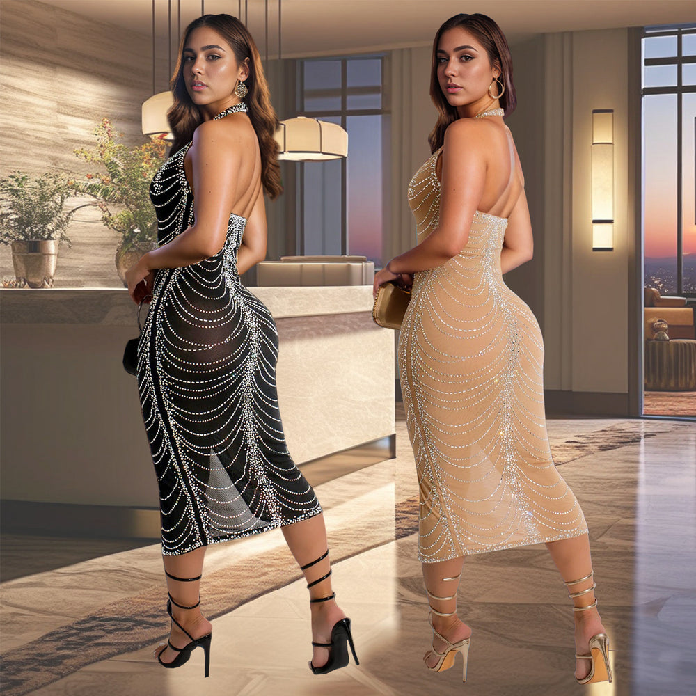 C7095 cross-border   fashion women's hotfix rhinestone bodycon sexy mini dress