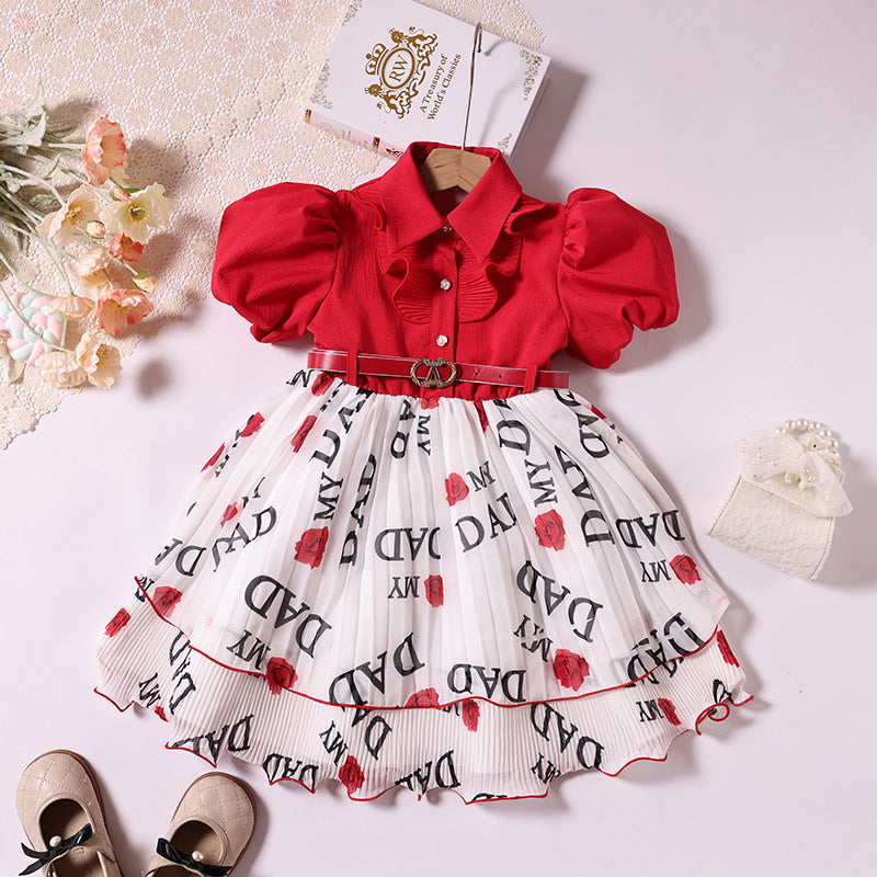Girls' printed princess dress - red, stylish baby outfit, foreign trade chiffon, little girl's clothing, children's skirt, cross-border e-commerce