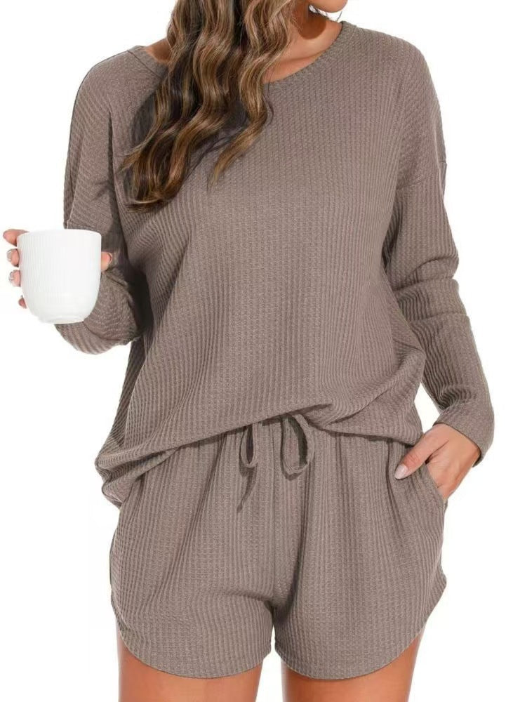 foreign trade european and american women's home clothes pure color round neck all year round home clothes casuallong sleeves drawstring mouth
