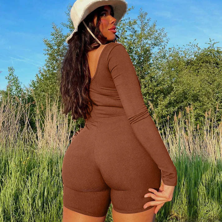 2024  high-end fashion women's clothing new solid color yoga pants threaded integrated leaking back halter long-sleeved shorts