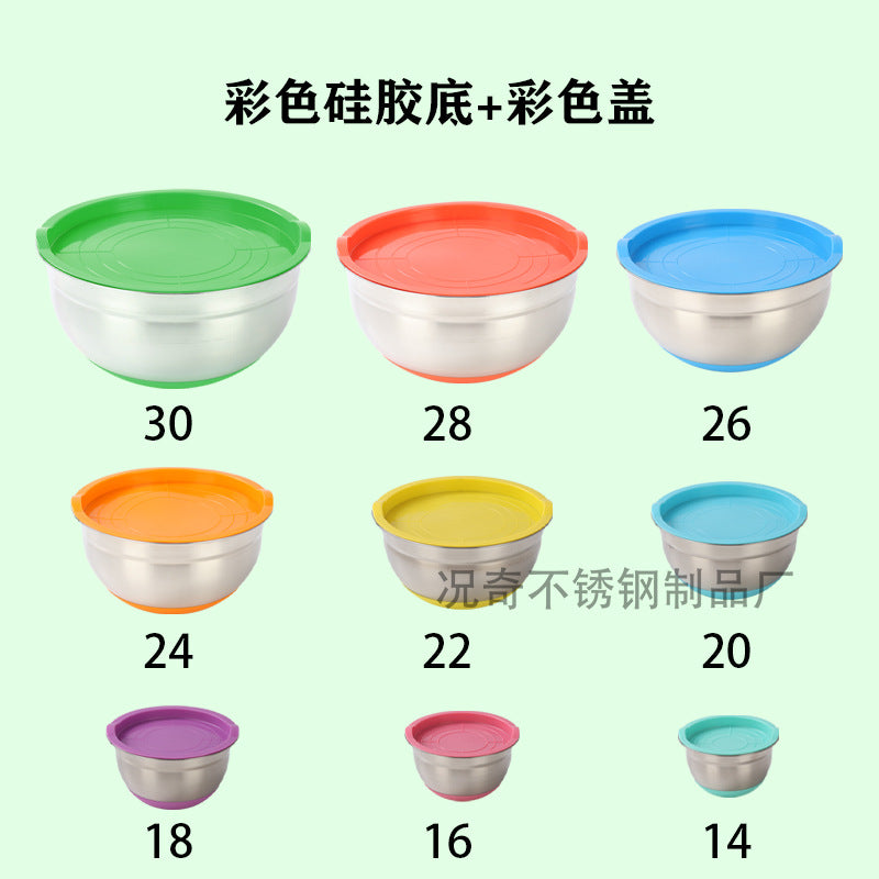 Stainless steel deep salad bowl with color-sprayed lid, round mixing bowl with non-slip silicone base for kitchen use