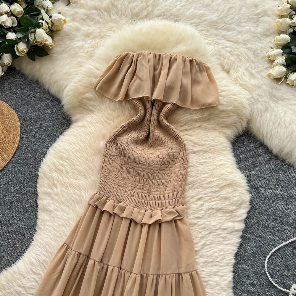 French goddess style one-shoulder ruffle trim spliced dress - slim fit, figure-flattering, elegant vacation maxi dress