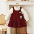 girls' autumn/winter thickened dress set - burgundy new year's outfit with bow for chinese new year celebrations