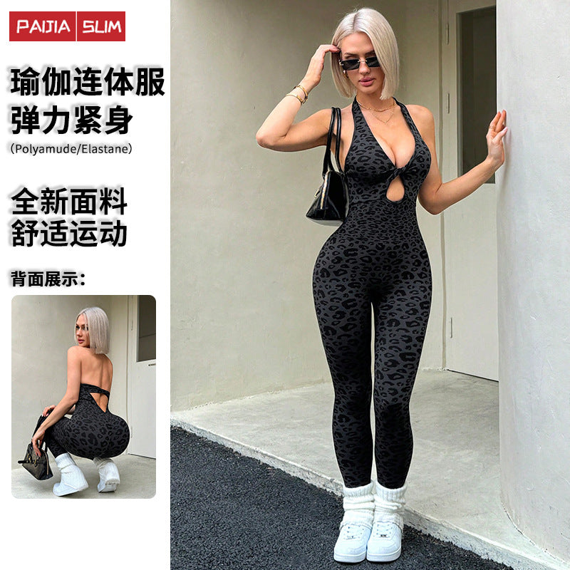 tk leopard print tight-fitting yoga wear jumpsuit fashionfashion latin american outwear fitness sports jumpsuit for women