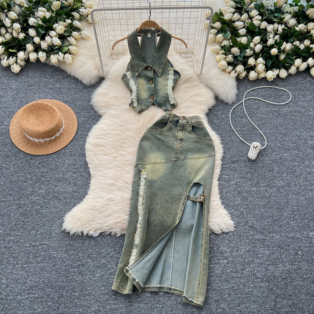 American retro washed distressed halter sleeveless lapel raw edge denim topstwo-piece set slit silm skirt