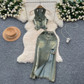 American retro washed distressed halter sleeveless lapel raw edge denim topstwo-piece set slit silm skirt