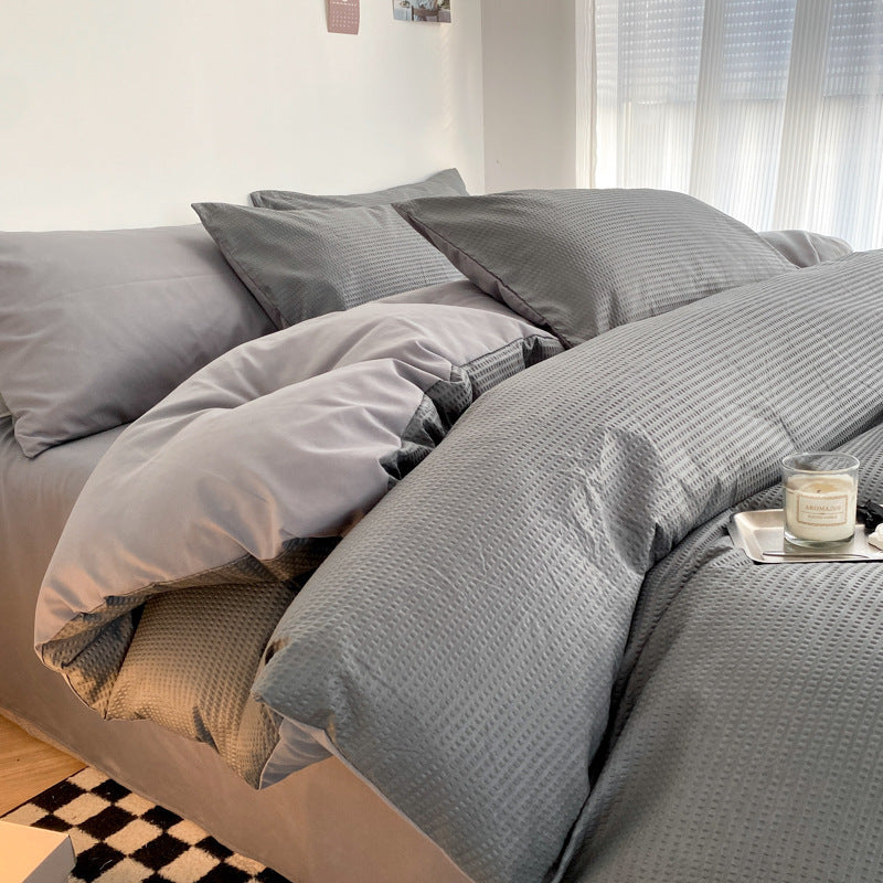 Solid color waffle four-piece wholesale ins polished bed sheet quilt cover Nantong quilt cover bed three-piece bed hat model