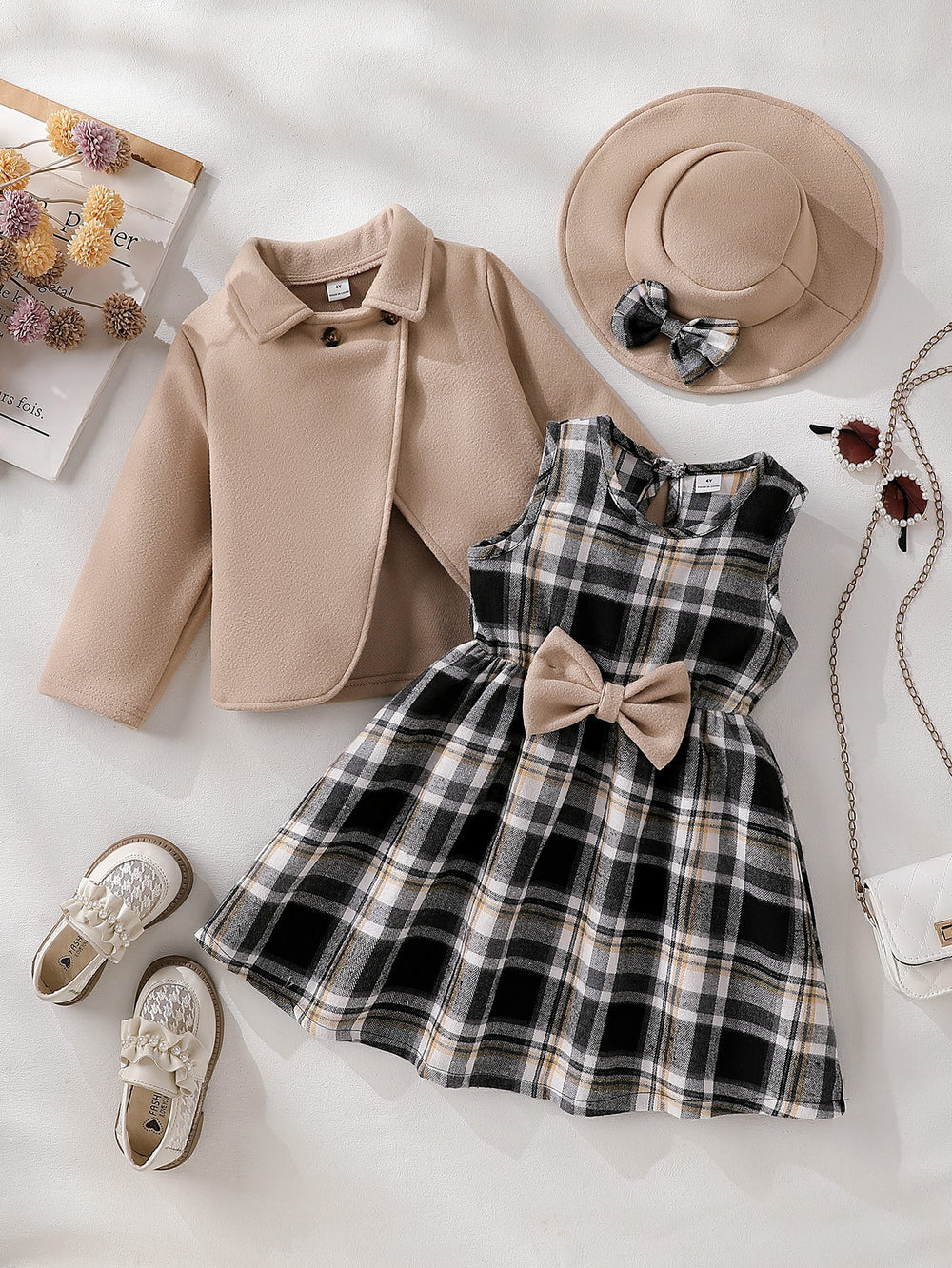 exclusive supply of elegance woolen outwear + plaid a-skirt + bow hat fall and wintergirlsuit three-piece set