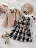 exclusive supply of elegance woolen outwear + plaid a-skirt + bow hat fall and wintergirlsuit three-piece set