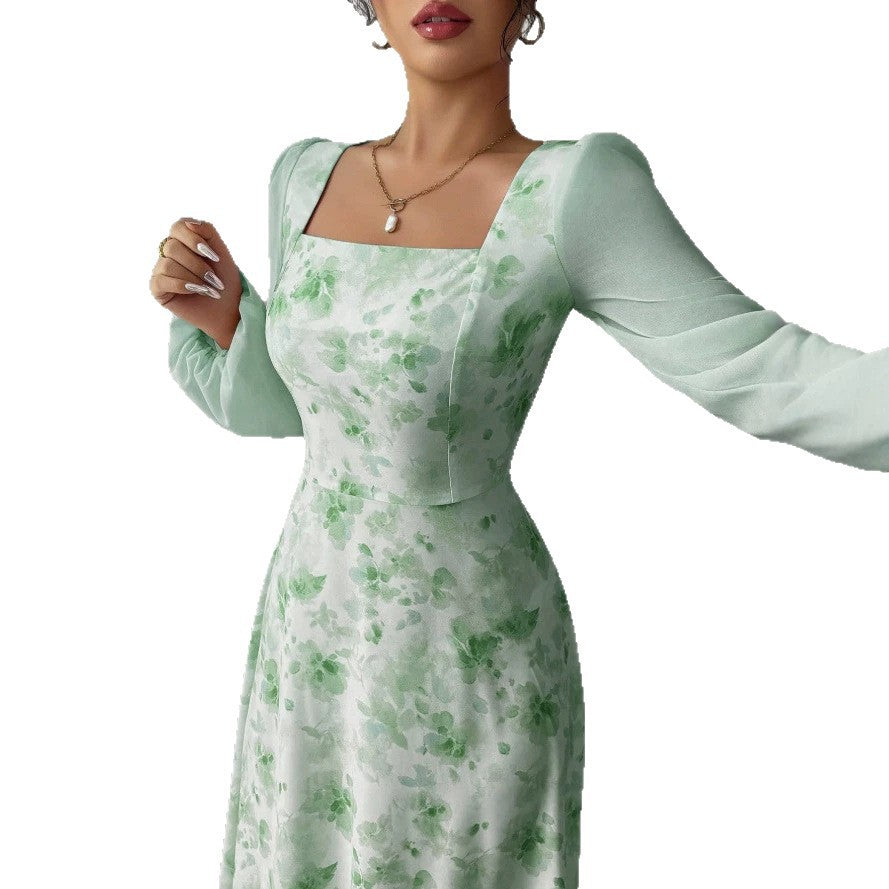 European and american cross-border  french mist light green smudged long skirt square neck long high waist a-line long fairy dress