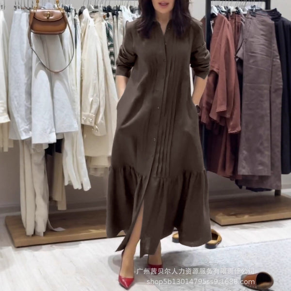 ODF4511 Cross-border  European and American solid color linen pleated splicing ruffle hem commuter casual dress