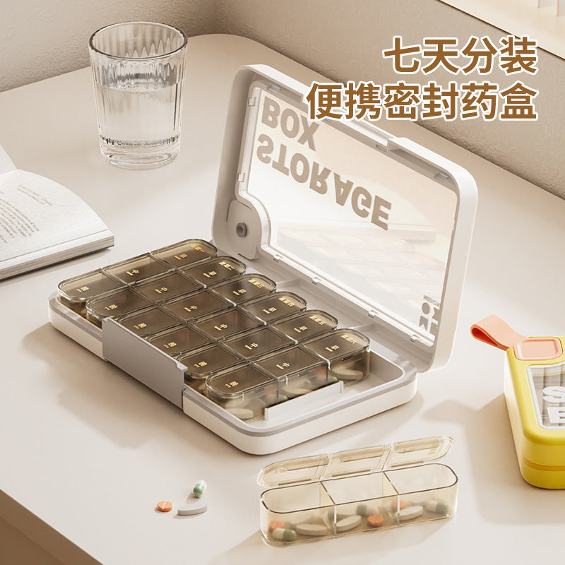 Plastic portable pill organizer - sealed, week-long, high-capacity travel pill case with compartments