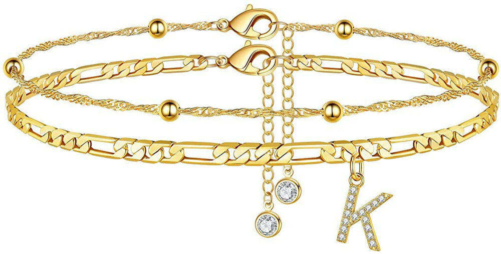 export hot-selling 26-letter anklet, zircon letter anklet, minimalist fashion seed bead cuban double-layer anklet