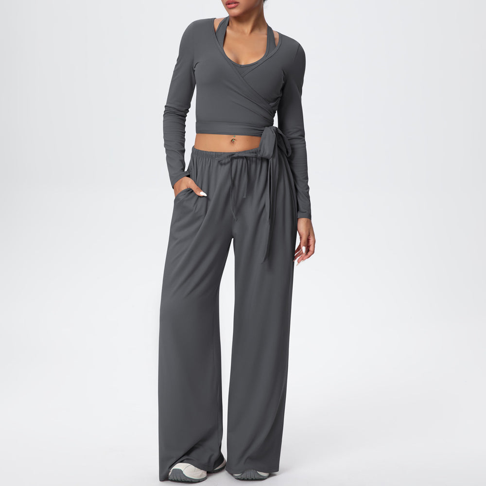 New arrival: solid color double-sided brushed fleece drawstring long-sleeve tank top three-piece set - perfect for sports, running, fitness, and yoga