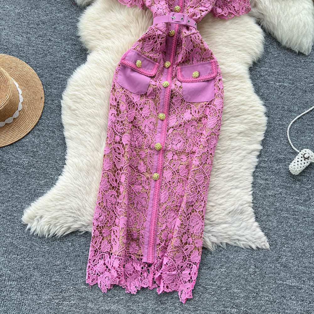 Classy sense of cut air square collar quality lacedress women's summer metal buckle waist silmslimming look a-line skirt