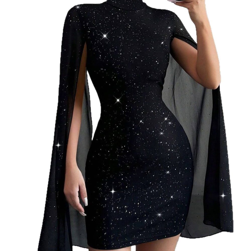 cross-border fashion: european & american style -  &  - ribbed pearl chiffon cape dress with bodycon fit