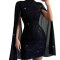 cross-border fashion: european & american style -  &  - ribbed pearl chiffon cape dress with bodycon fit