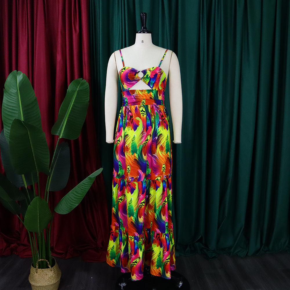 D299 cross-border summer new arrivals: european and american style sexy camisole dress, printed sleeveless sexy backless foreign trade maxi dress