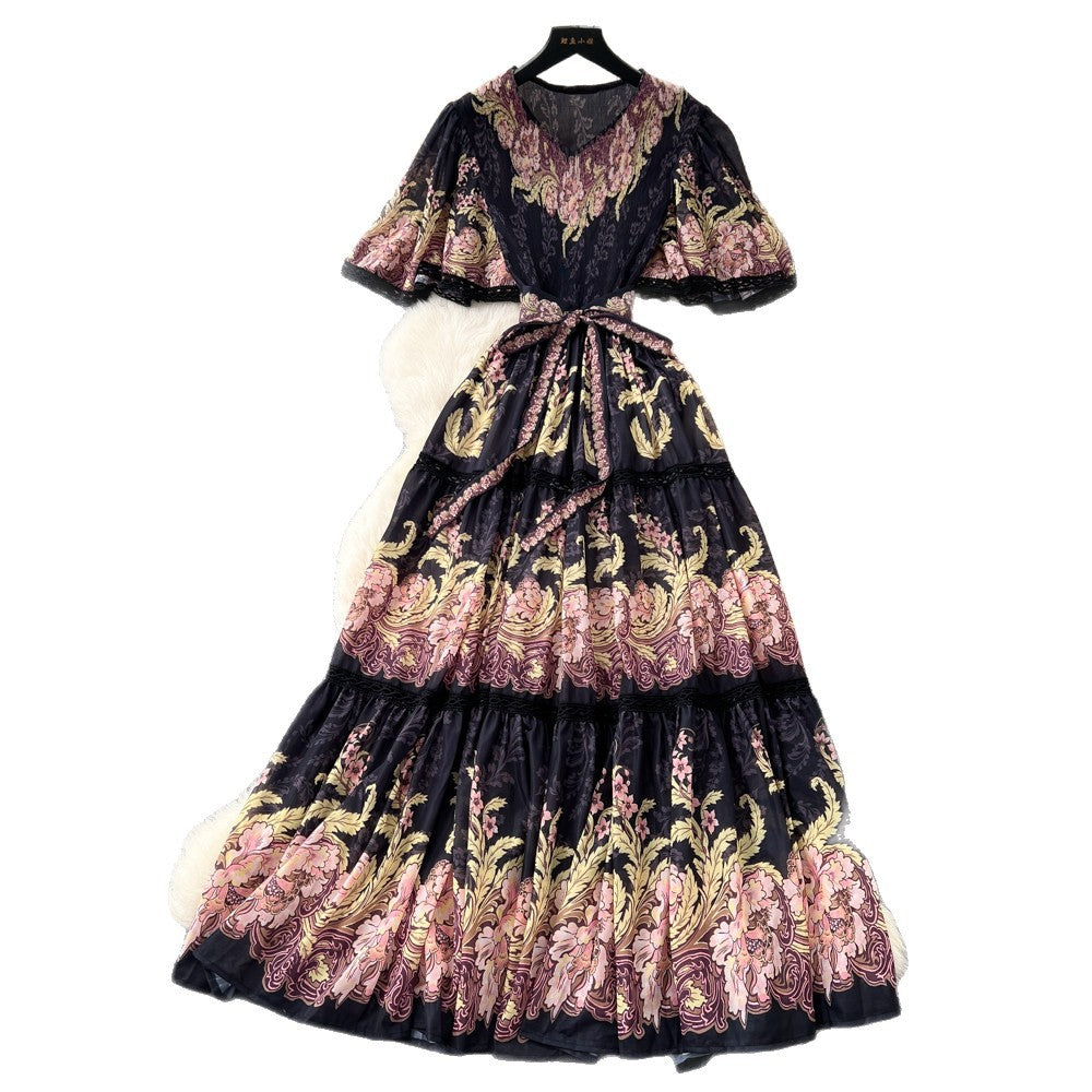 French riviera style printed short-sleeve pleated dress - women's summer v-neck, cinched waist, tie-up maxi dress - high-end, slimming fit