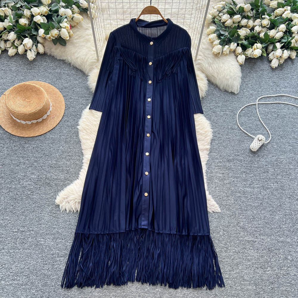 Elegant and chic tassel-trimmed loose-fit dress - women's commute-ready, high-end, slimming a-line long-sleeve shirt dress