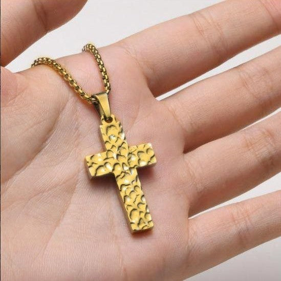 European and american new style minimalist hammered cross pendant necklace - vintage niche stainless steel cross jewelry