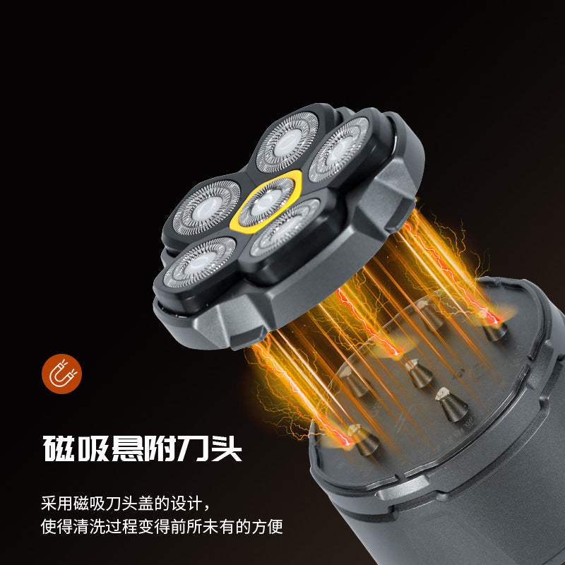 High-power magnetic electric head shaver - six-blade razor, fully washable, electric hair trimmer & shaving knife