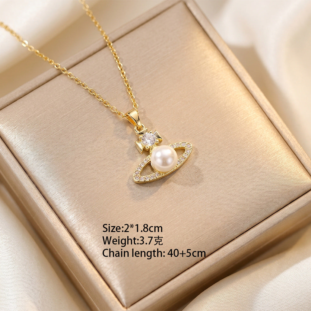European and american hot-selling fashion zircon pearl necklace for women, lightweight luxury, niche, versatile, elegant, fashionable titanium steel clavicle chain jewelry