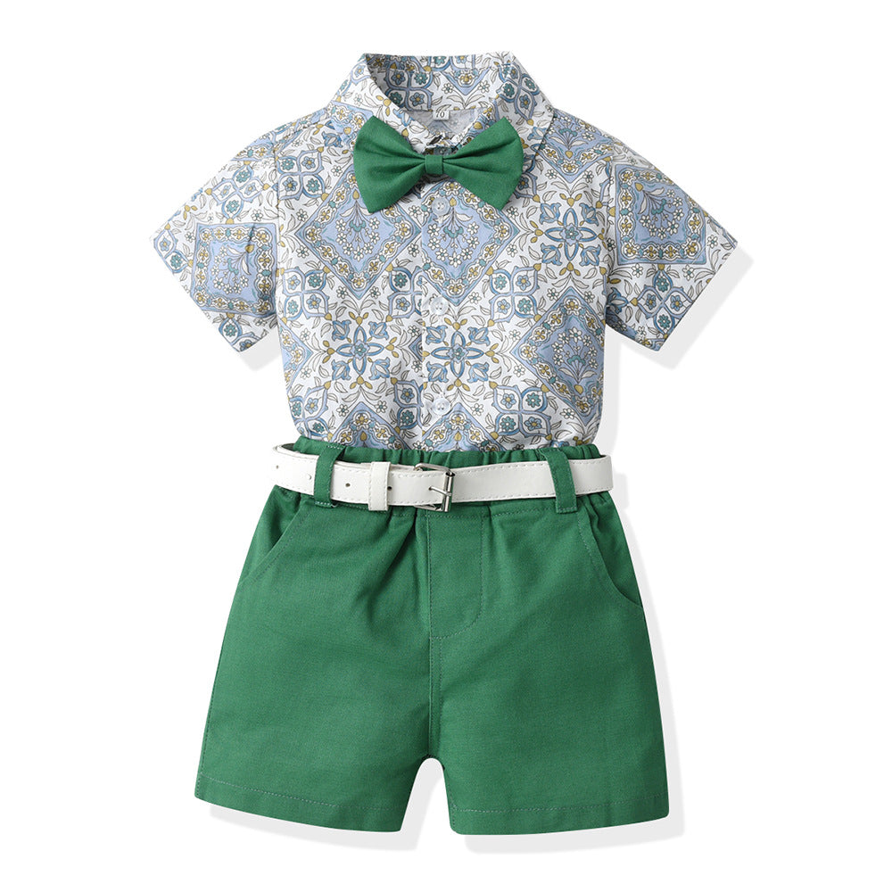 Sister and brother outfit, sister and brother outfit, family summer k-style male and female baby short-sleeved shirt, free belt, headband, shortssuit