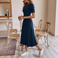 Ready-to-ship   &  new arrival: european and american style solid color crew neck high-stretch short sleeve dress