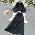 Vacation style pleated lantern sleeve shirt high waist skirt women's autumkorean style outfit pleatedeleganttwo-piece set