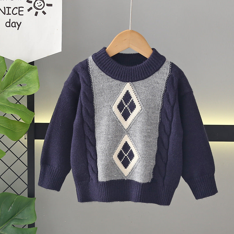 Kids' fleece-lined sweater:  winter collection - thickened pullover knit top, korean style, boys' crew neck wool sweater