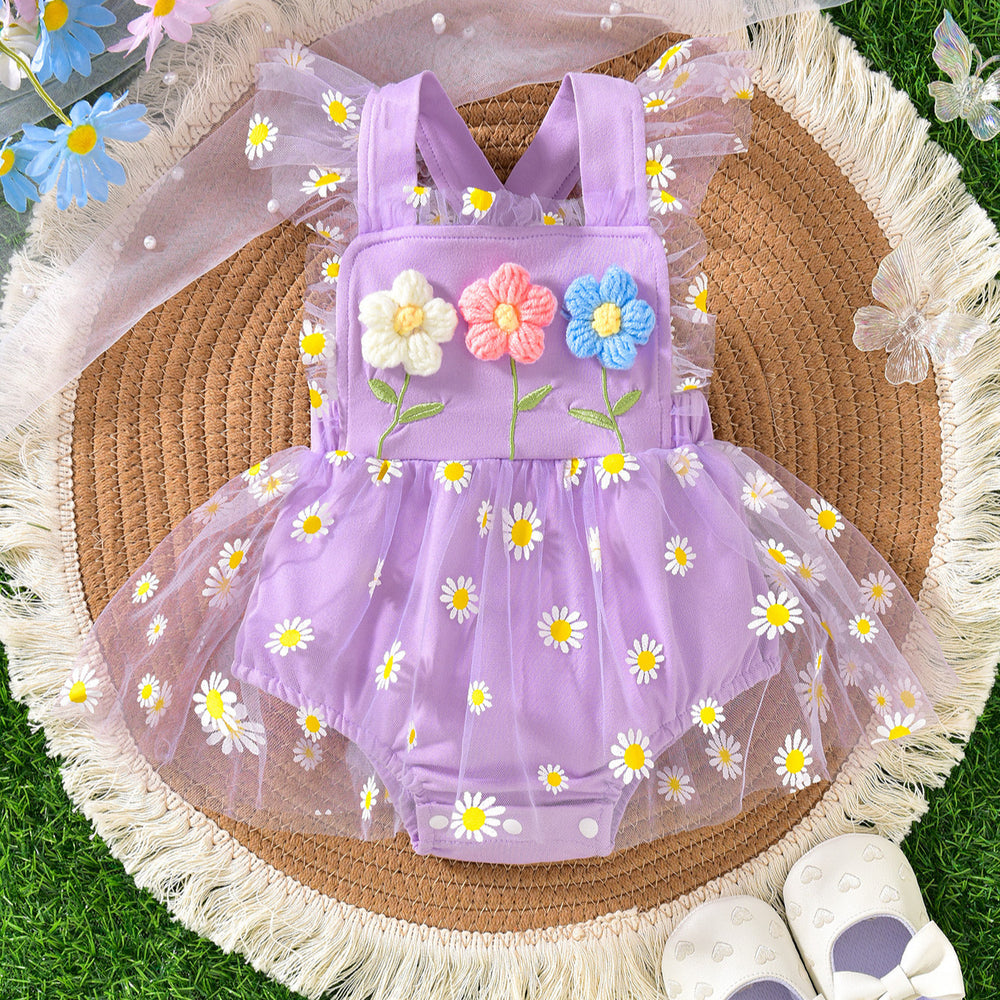 Baby girl party outfit cute suspender three flowers patchwork mesh one-piece dress