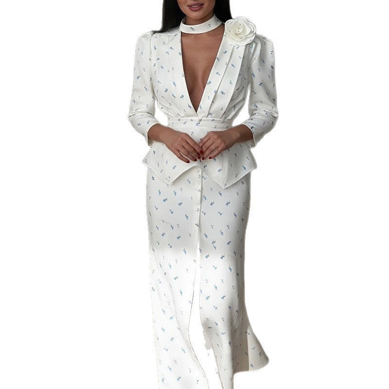 summer new women's clothing - cross-border  fashion: elegant commute print v-neck dress (us/eu style)