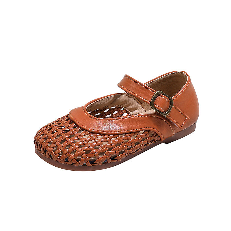 Vancahao girls' knitted leather shoes -  summer new arrivals: korean-style grandma shoes, open-toe sandals for kids