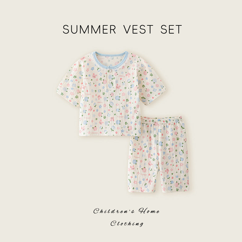 Summer lightweight crinkle cotton baby air conditioning suit set, separates pajamas, boys and girls' three-quarter sleeve loungewear