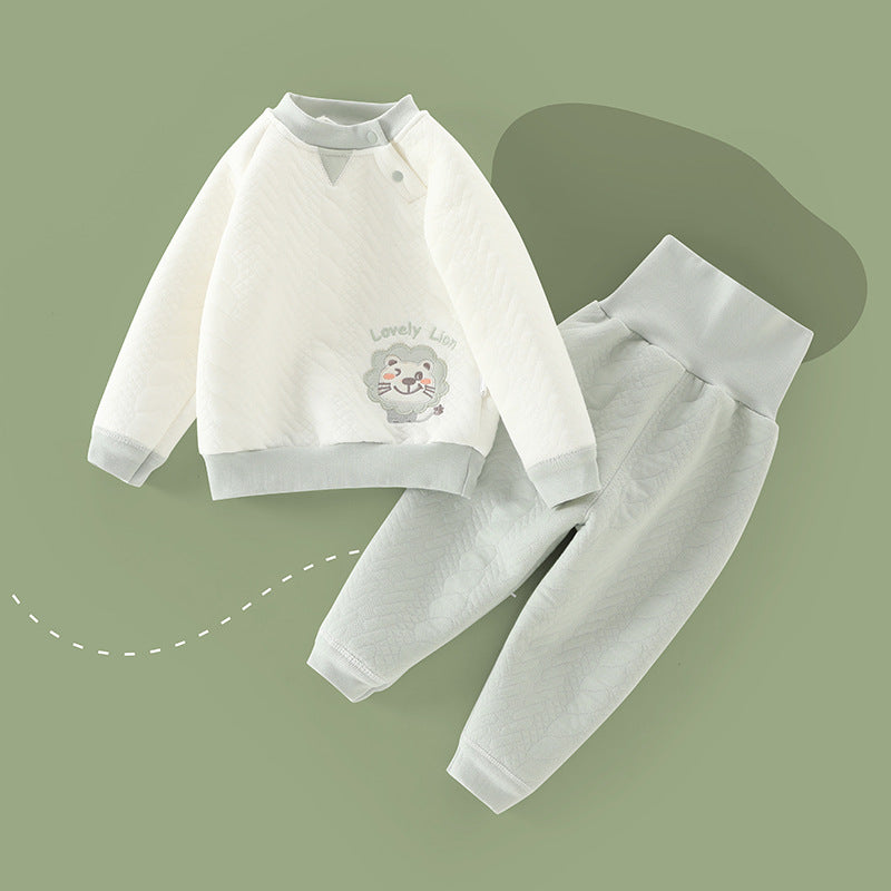 Wholesale baby thermal underwear set, pure cotton thickened quilted, unisex autumn/winter pullover high-waisted belly protection underwear set