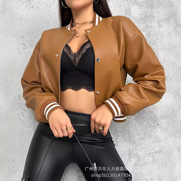 LZR18818 new European beautiful women brown cut short color matching thread splicing long-sleeved baseball jacket