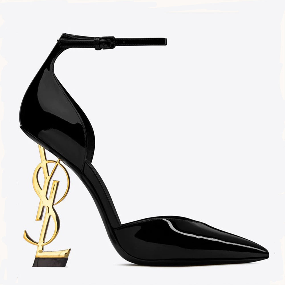Fashionpure color patent leather patent leather toe sandals women's letter heel one-line strap flats pointed toe hollow fashion high heels
