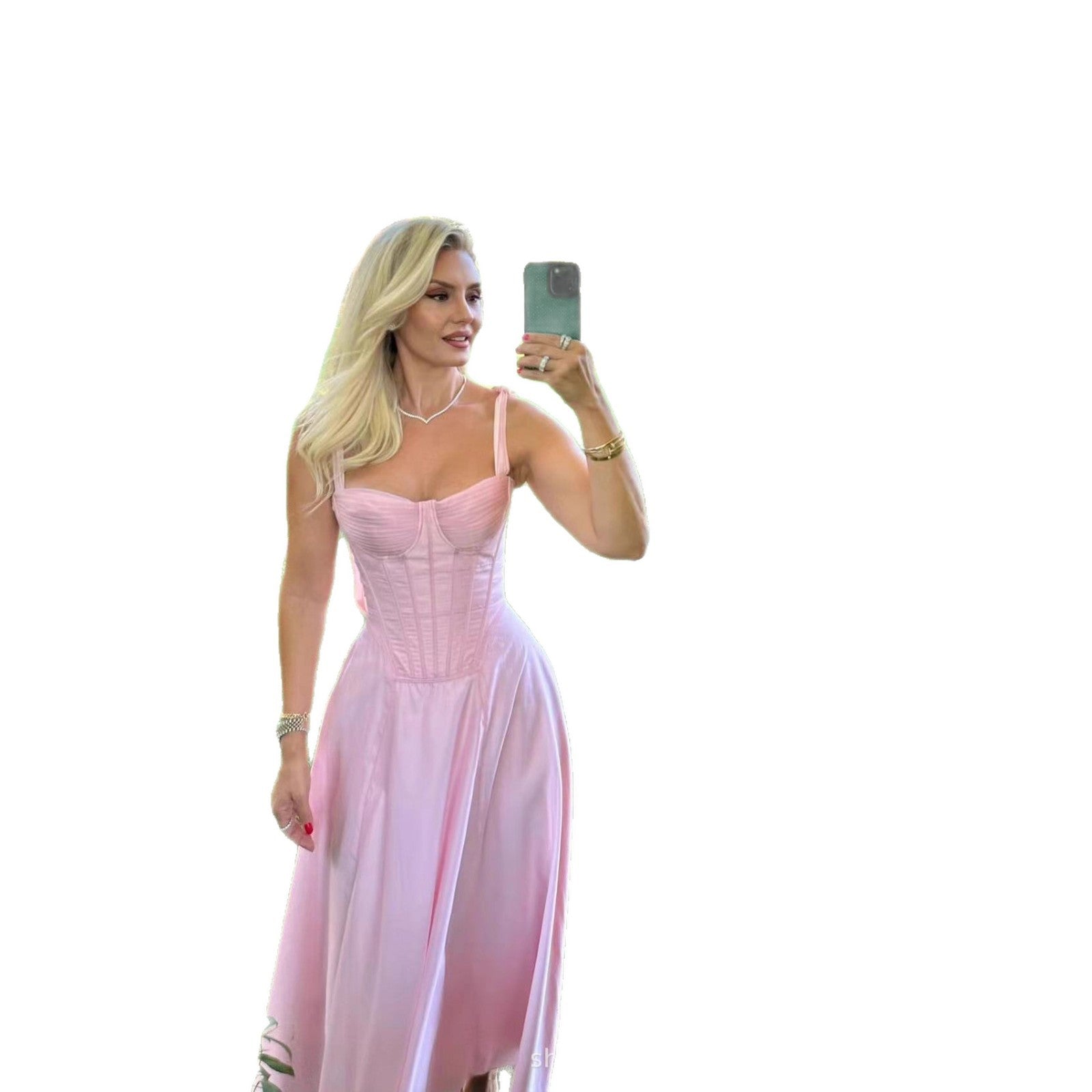 SDM158 temperament pink bow with fishbone tube top suspender pleated dress new holiday girl dress