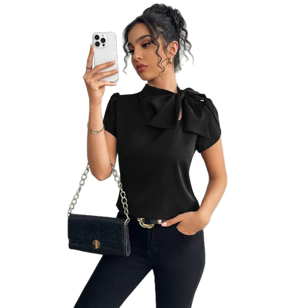 Women's casual solid color tie-waist bow flare sleeve blouse, spring/summer european and american style slim fit top