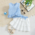 summer girls' skirt set: blue and white plaid sleeveless ruffle top with white tiered skirt - two-piece outfit for kids