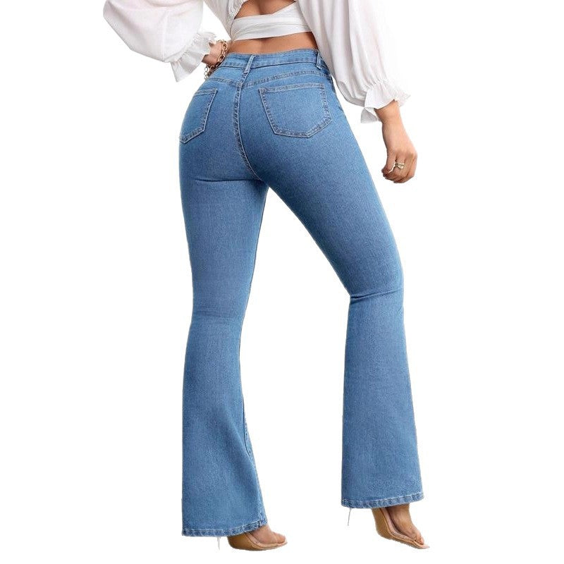 hot-selling  fashionexportjeans women's elastic silm flared pants hip lift high waist slightly flared pants