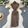 Korean chic summer dress: niche retro polo collar short sleeve striped midi dress - women's slim fit, elegant slit design