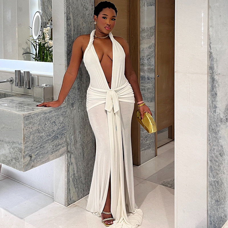 Fashion style insexport women's pure colorsexy sleeveless halterneck tie backbackless slit elegant long skirt dress