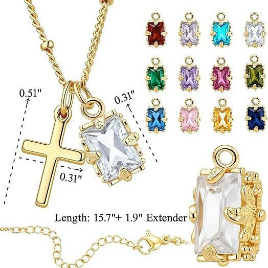 New arrival amazon geometry 12 birthstone square pendant cross inlaid rhinestone necklace lady necklace