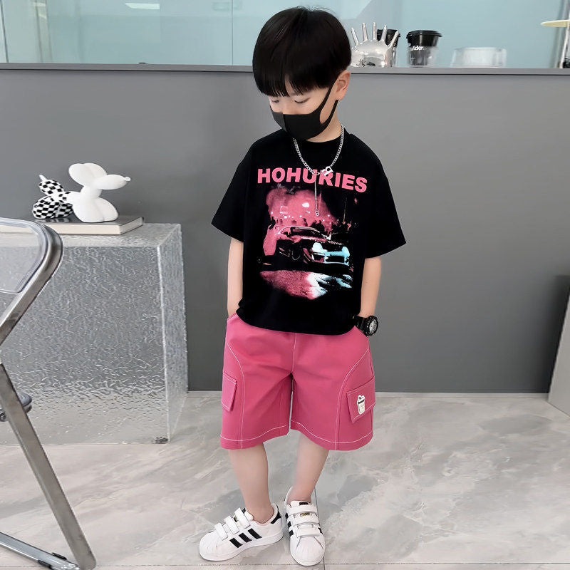 Boys' summer outfit set  new style children's clothing baby fashionable kids trendy middle and small children summer two-piece set